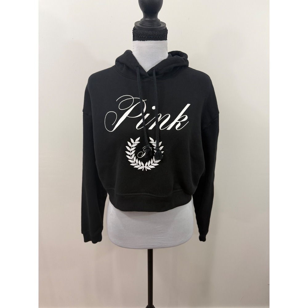 PINK Victoria's Secret Black Cropped Hoodie Script Logo Crest Small 122480-QC5